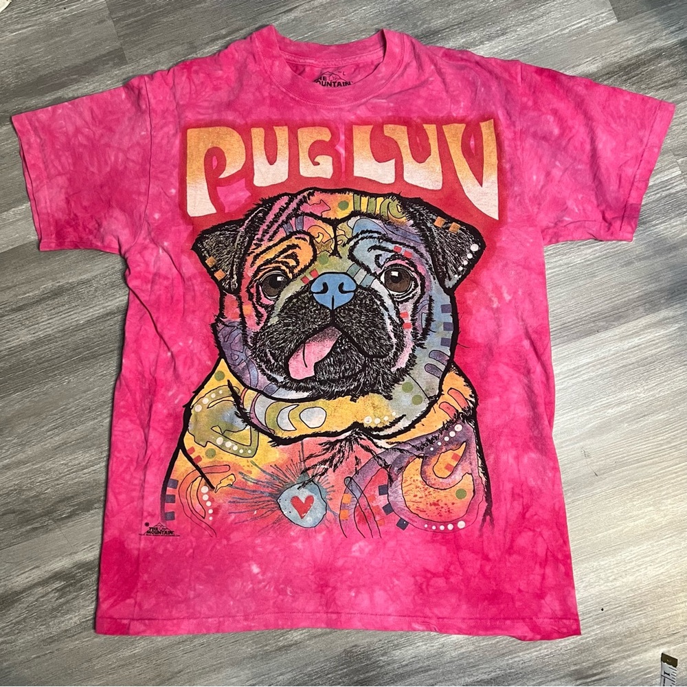 The Mountain Pug Luv Tie-Dye T-Shirt Size Large Pink Colorful Graphic Tee L